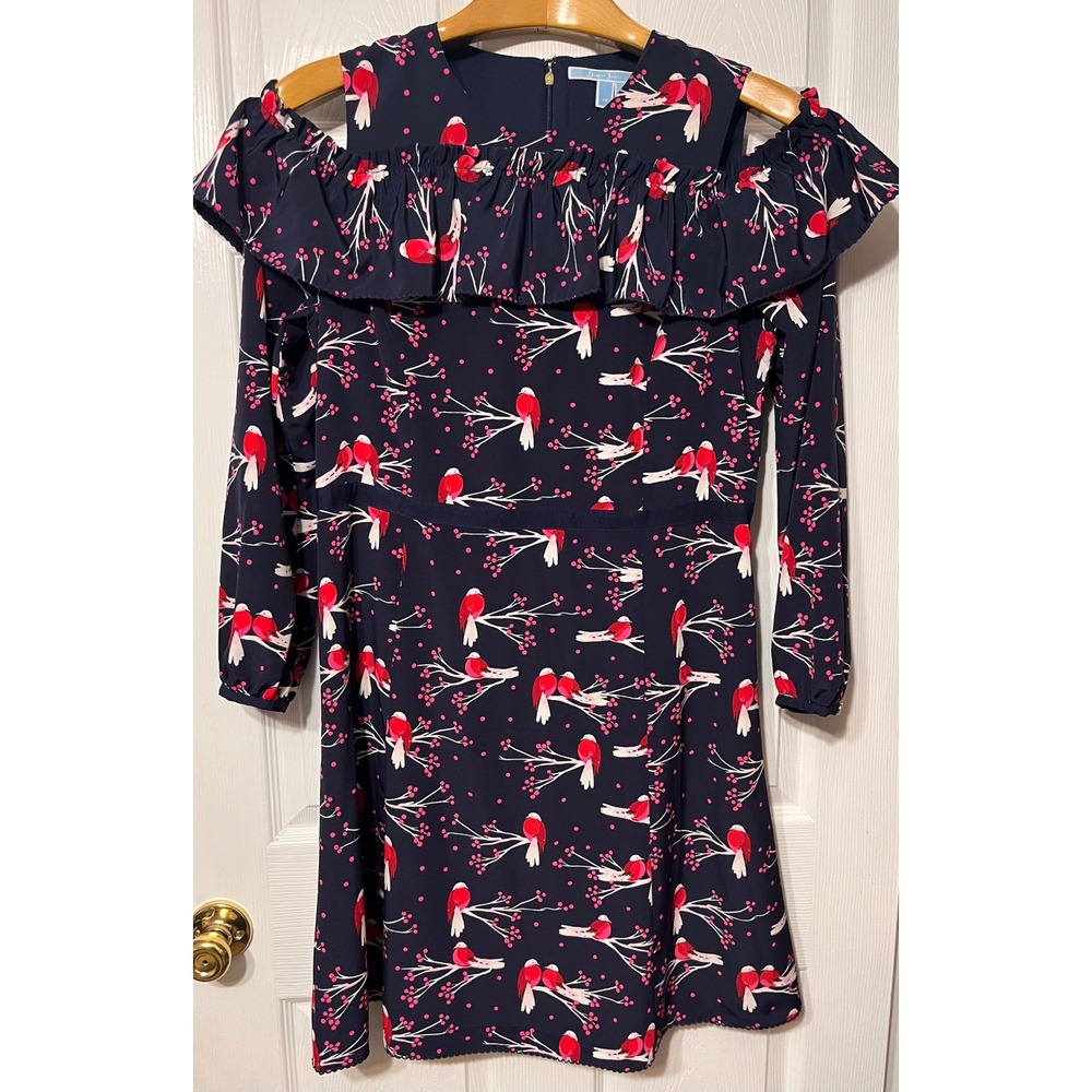 Draper Jamesโ Navy Red Love Bird Ruffle Cold Shoulder Mini Dress Womens 14
